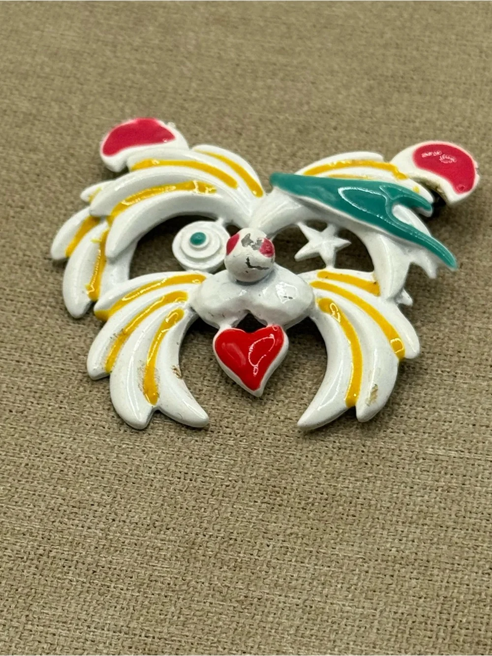 vintage White Enamel Heart Accent dog Brooch with Yellow and Red Details